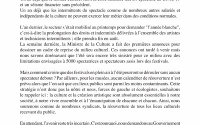 Communiqué commun aux forces de gauche et écologistes – soutien au secteur de la culture