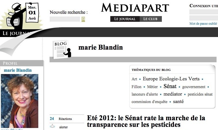 La Tribune de Marie Blandin dans Mediapart : « Eté 2012: le Sénat rate la marche de la transparence sur les pesticides »