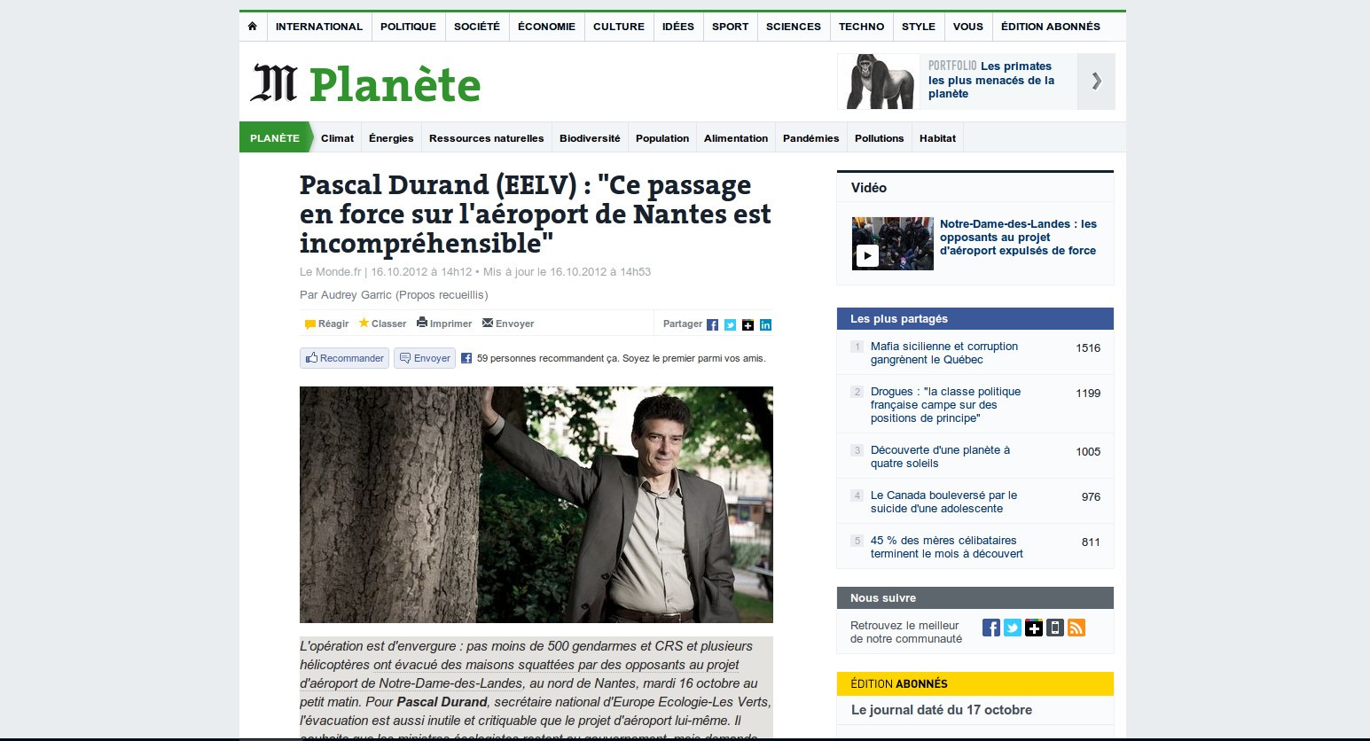(Le Monde) Pascal Durand : « Ce passage en force sur l&rsquo;aéroport de Nantes est incompréhensible »
