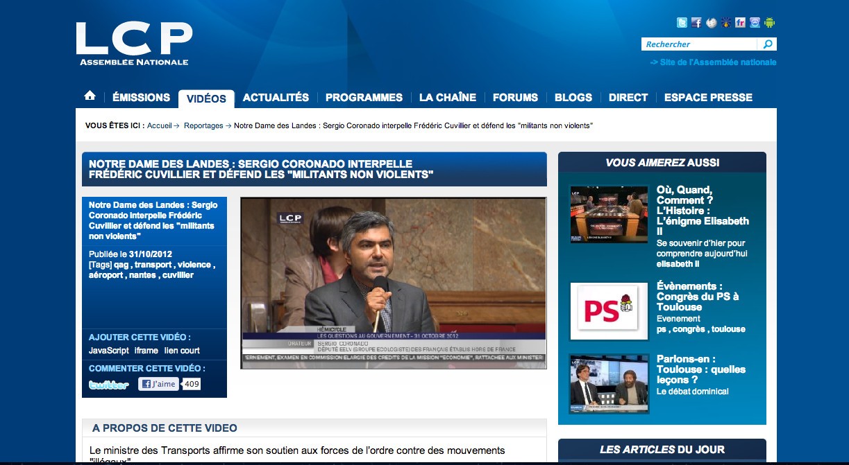 (LCP) NOTRE DAME DES LANDES : Sergio Coronado interpelle Frédéric Cuvillier et défend les « militants non violents »