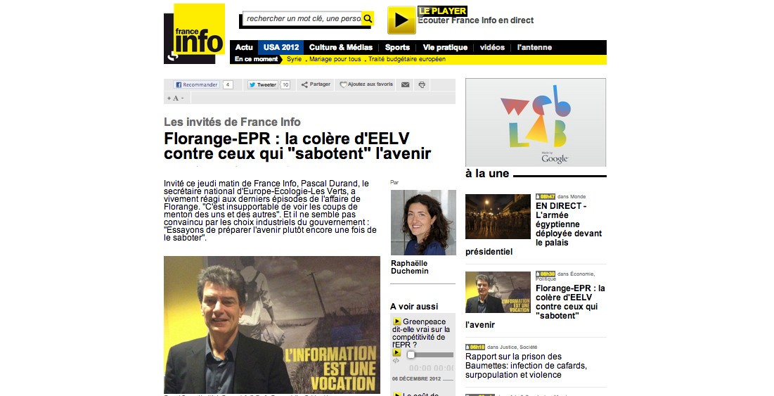 (France Info) Florange-EPR : la colère d&rsquo;EELV contre ceux qui « sabotent » l&rsquo;avenir