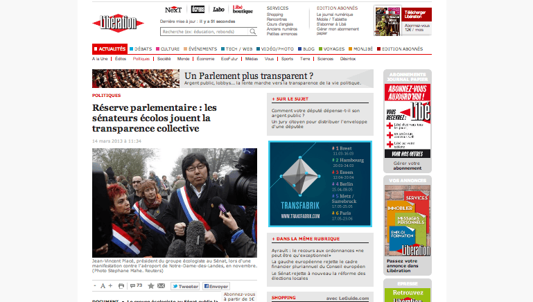 (Libération) Réserve parlementaire : les sénateurs écolos jouent la transparence collective