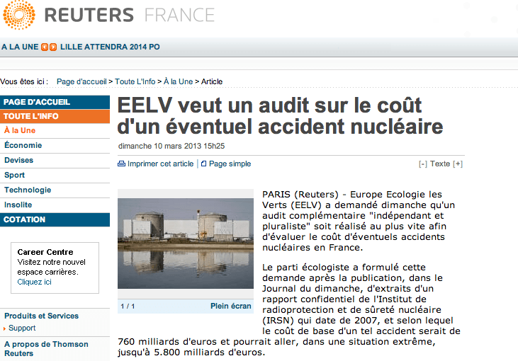 (Reuters) EELV veut un audit sur le coût d&rsquo;un éventuel accident nucléaire