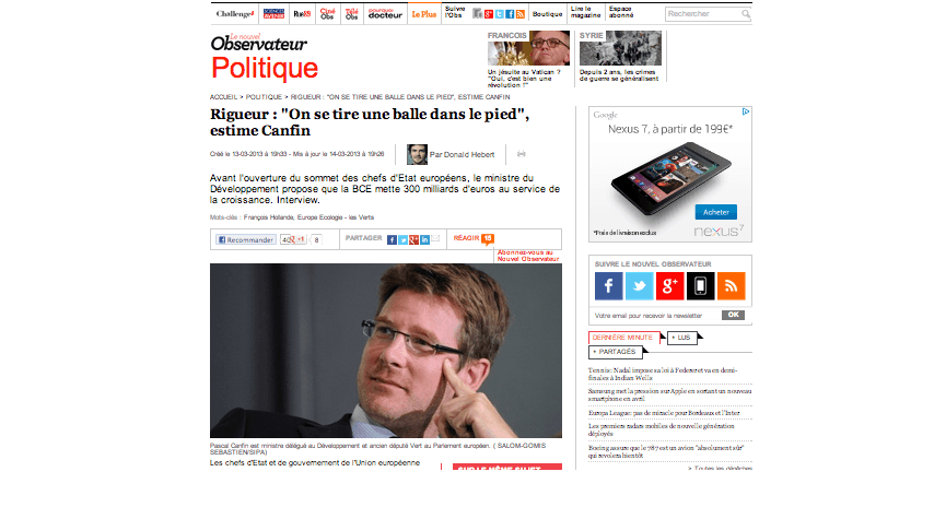 (NouvelObs) Rigueur : « On se tire une balle dans le pied », estime Canfin