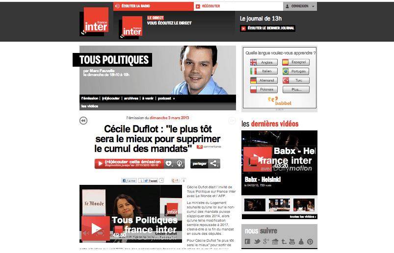 (France Inter) Cécile Duflot : « le plus tôt sera le mieux pour supprimer le cumul des mandats »