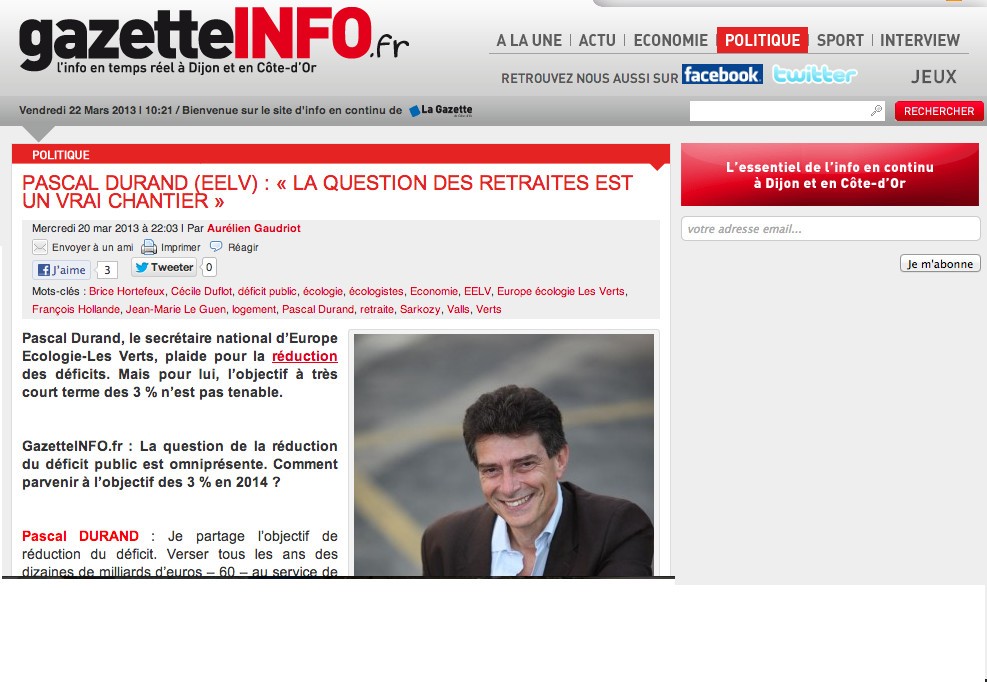 (GazetteINFO) PASCAL DURAND (EELV) : « LA QUESTION DES RETRAITES EST UN VRAI CHANTIER »