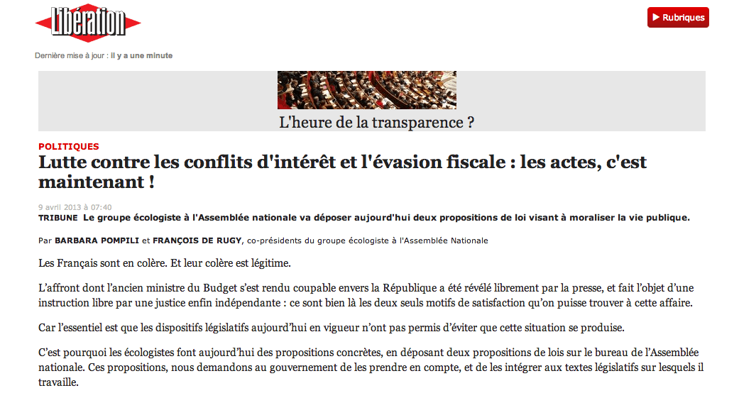 (Libération) Lutte contre les conflits d&rsquo;intérêt et l&rsquo;évasion fiscale : les actes, c&rsquo;est maintenant !