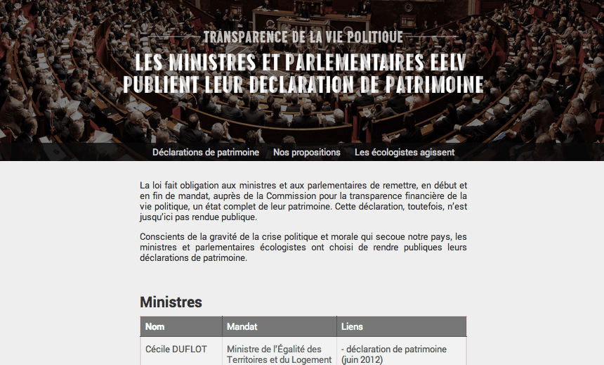 Transparence de la vie politique : les ministres et responsables de groupes parlementaires écologistes rendent publique leur déclaration de patrimoine
