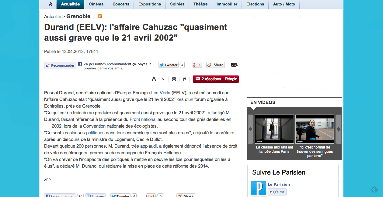 (Le Parisien) Durand (EELV): l&rsquo;affaire Cahuzac « quasiment aussi grave que le 21 avril 2002 »