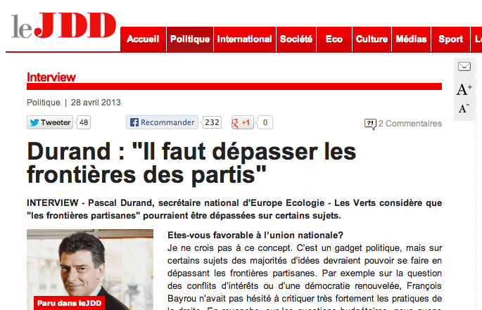 (Le JDD) Pascal Durand : « Il faut dépasser les frontières des partis »