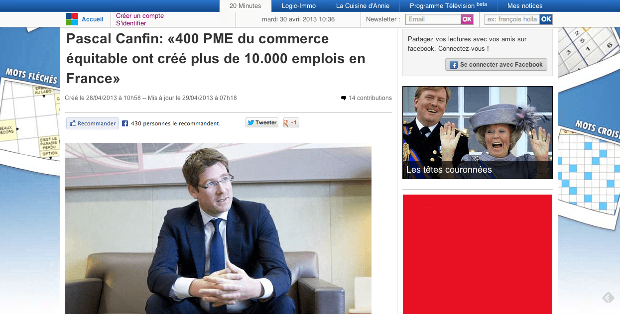 (20 minutes) Pascal Canfin: «400 PME du commerce équitable ont créé plus de 10.000 emplois en France»