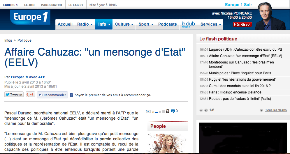 (Europe 1) Affaire Cahuzac: « un mensonge d&rsquo;Etat » (EELV)
