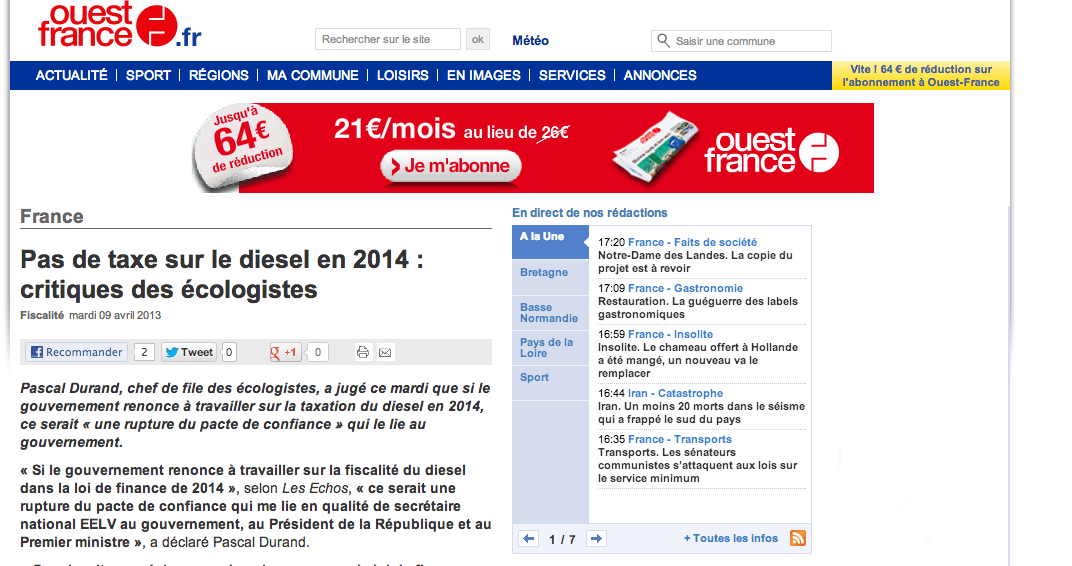 (Ouest France) Pas de taxe sur le diesel en 2014 : critiques des écologistes