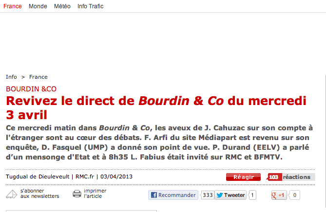 (RMC) Affaire Cahuzac: Pascal Durand était l&rsquo;invité de Bourdin le 3 avril 2013
