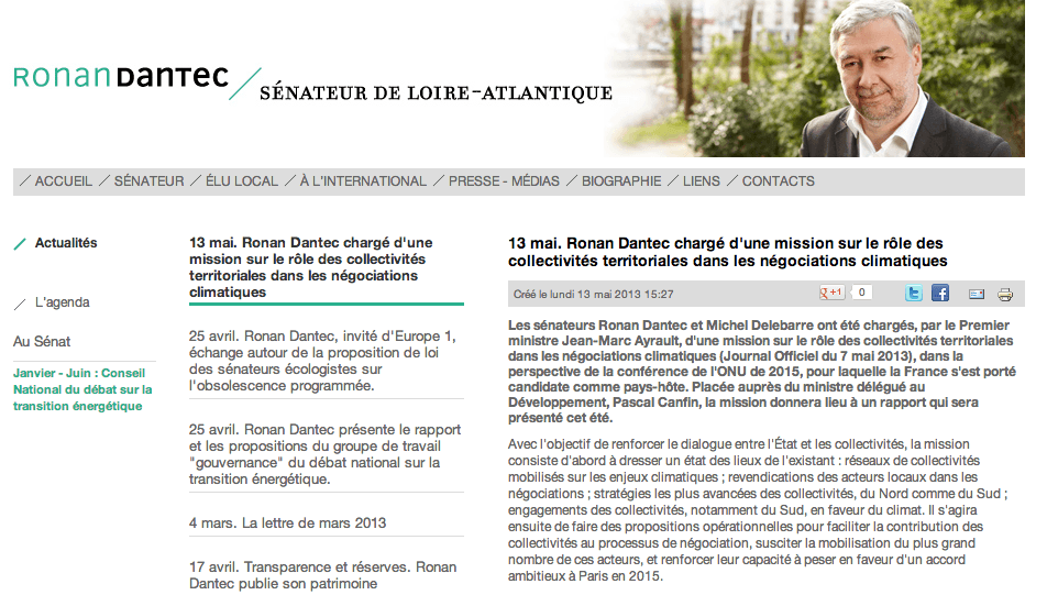 Ronan Dantec chargé d&rsquo;une mission sur le rôle des collectivités territoriales dans les négociations climatiques