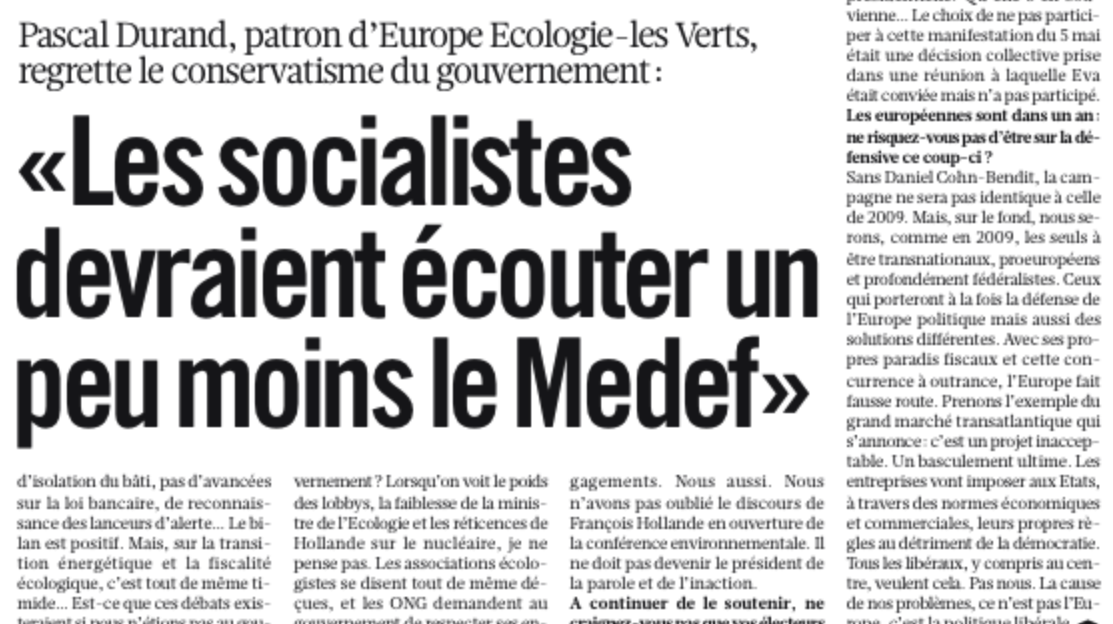 Pascal Durand dans Libé : «Les socialistes devraient écouter un peu moins le Medef»