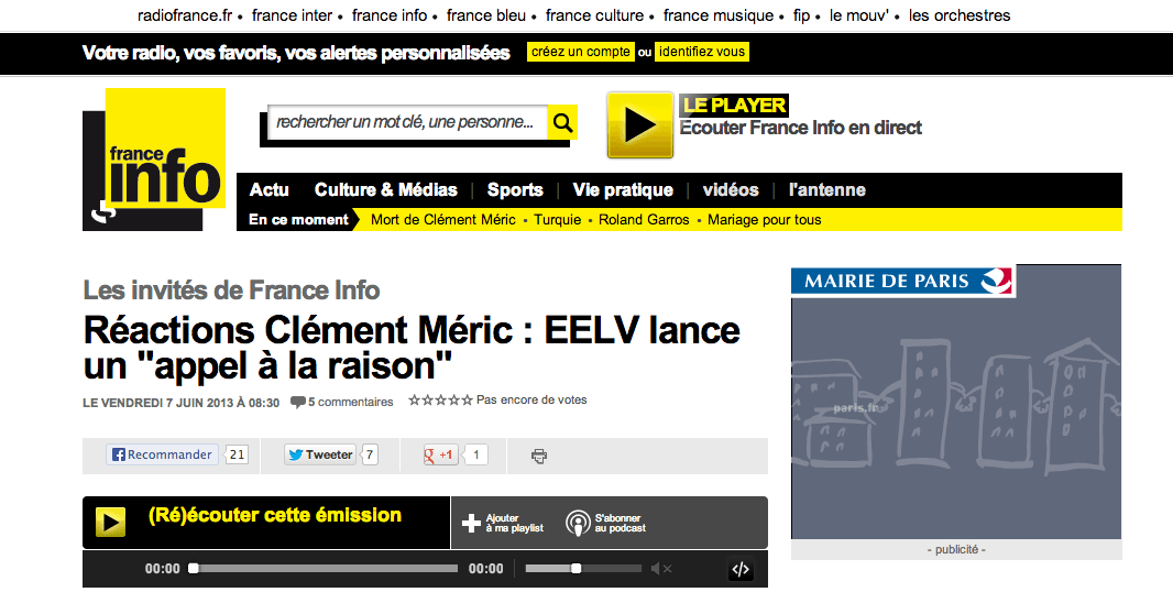 (France info) Réactions Clément Méric : EELV lance un « appel à la raison »