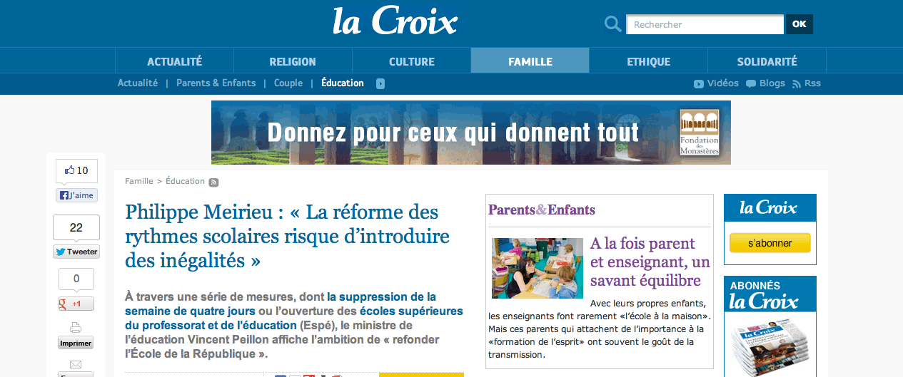 La Croix : Interview de Philippe Meirieu sur la loi de refondation de l&rsquo;école