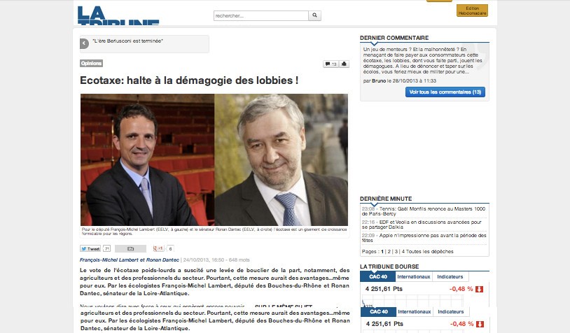 (La Tribune) Ecotaxe: halte à la démagogie des lobbies !