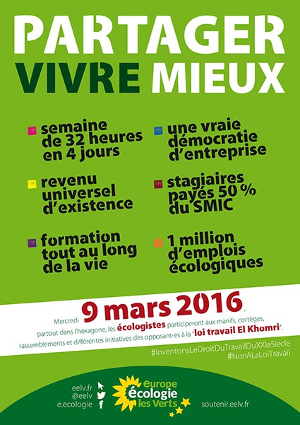 EELV appelle à manifester mercredi 9 Mars pour le retrait de la loi travail