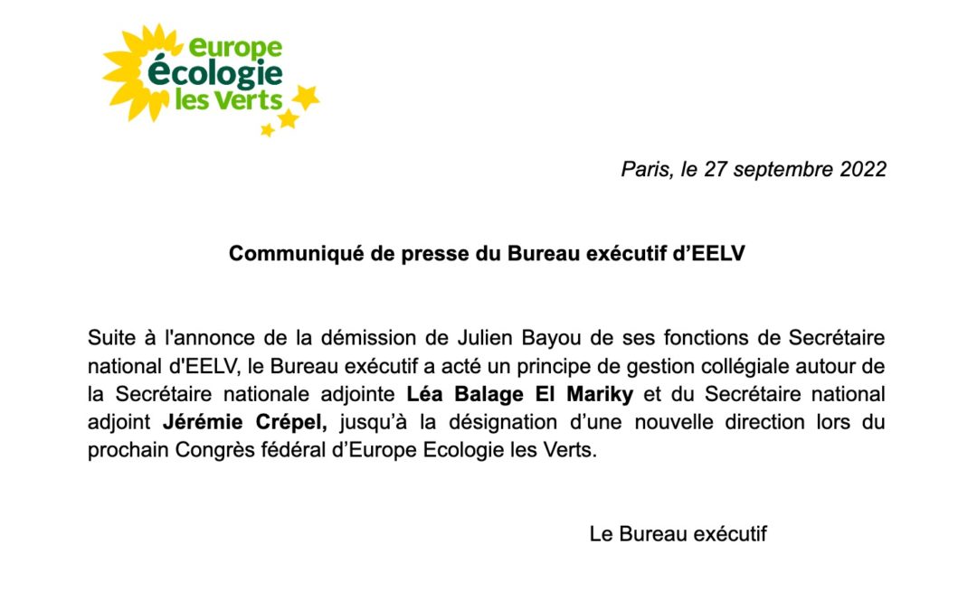 Communiqué de presse du Bureau exécutif d’EELV