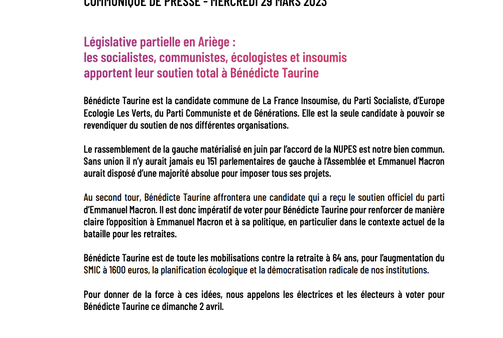 La NUPES soutient Bénédicte Taurine